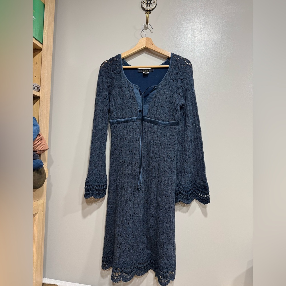 Single dress Navy Blue Crochet Bell Sleeve Dress
